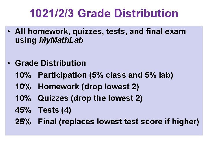 1021/2/3 Grade Distribution • All homework, quizzes, tests, and final exam using My. Math.