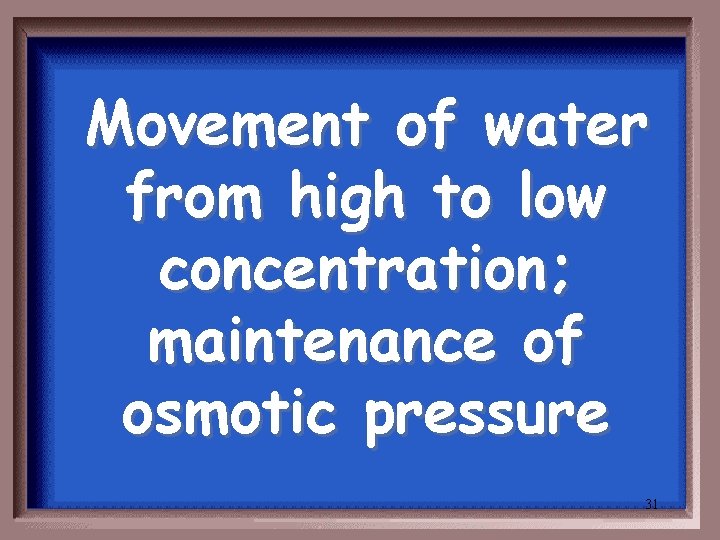 Movement of water from high to low concentration; maintenance of osmotic pressure 31 