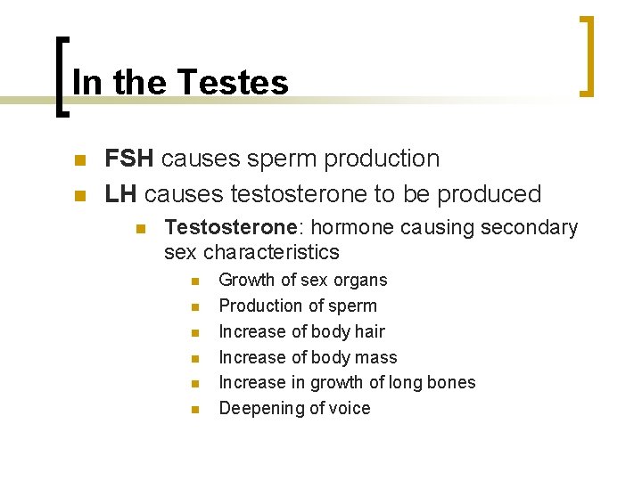 In the Testes n n FSH causes sperm production LH causes testosterone to be