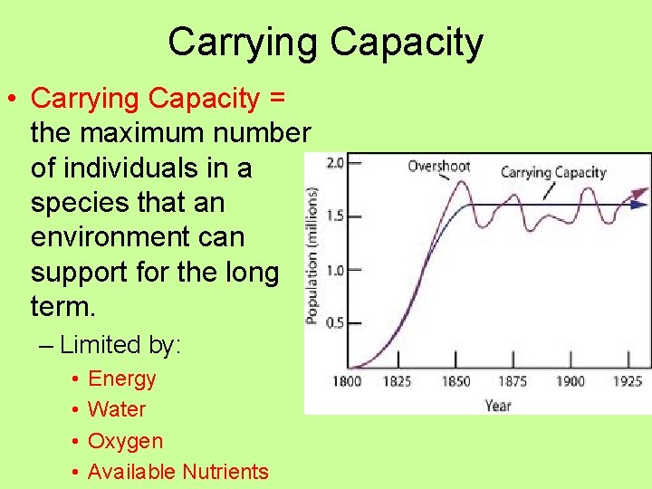 Carrying Capacity • Carrying Capacity = the maximum number of individuals in a species