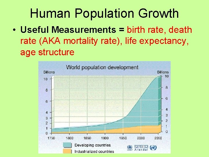 Human Population Growth • Useful Measurements = birth rate, death rate (AKA mortality rate),