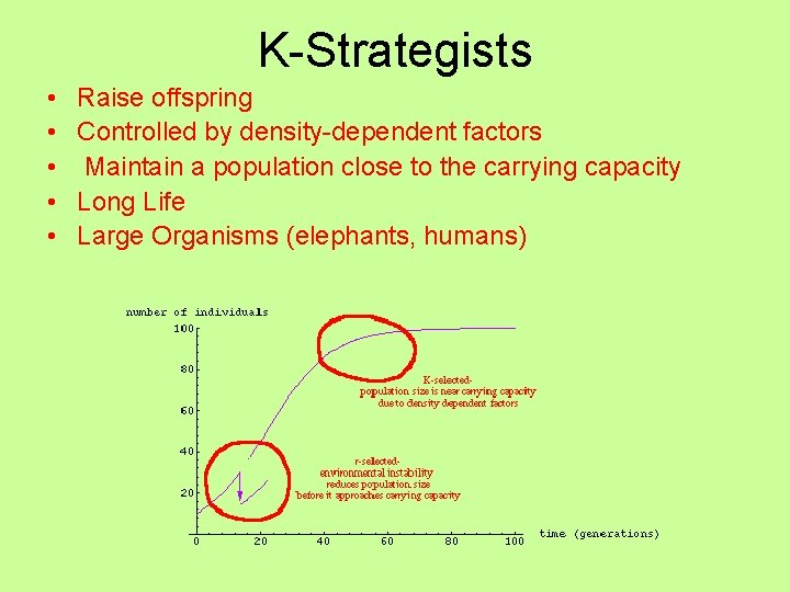 K-Strategists • • • Raise offspring Controlled by density-dependent factors Maintain a population close