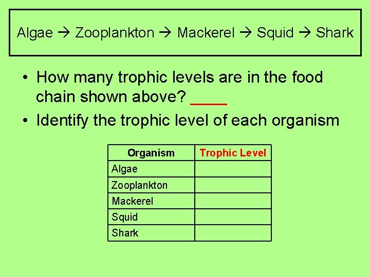 Algae Zooplankton Mackerel Squid Shark • How many trophic levels are in the food