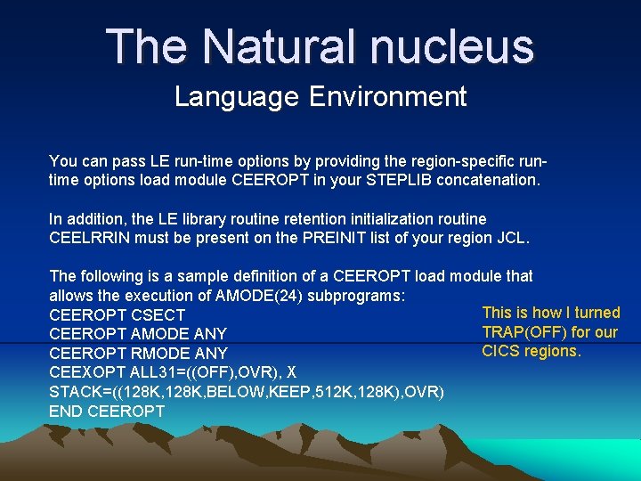 The Natural nucleus Language Environment You can pass LE run-time options by providing the