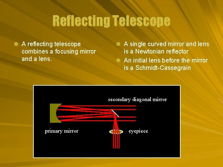 Reflecting Telescope ] A reflecting telescope combines a focusing mirror and a lens. ]