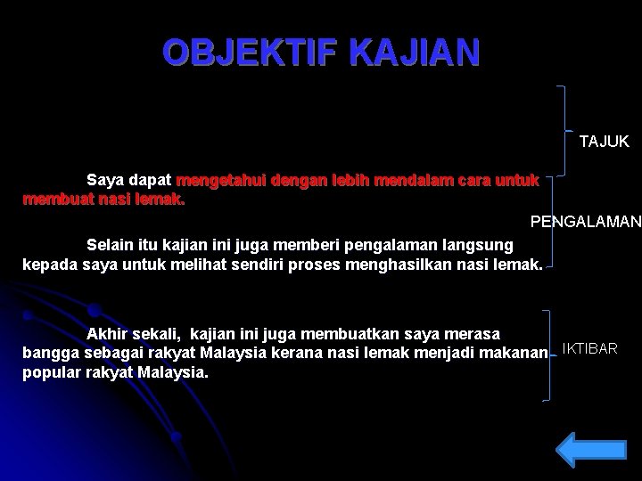 OBJEKTIF KAJIAN TAJUK Saya dapat mengetahui dengan lebih mendalam cara untuk membuat nasi lemak.