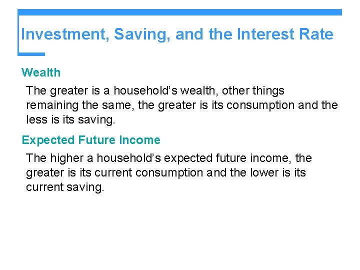 Investment, Saving, and the Interest Rate Wealth The greater is a household’s wealth, other