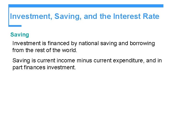 Investment, Saving, and the Interest Rate Saving Investment is financed by national saving and