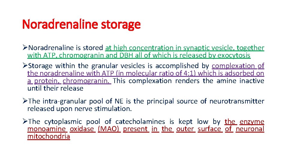 Noradrenaline storage ØNoradrenaline is stored at high concentration in synaptic vesicle, together with ATP,