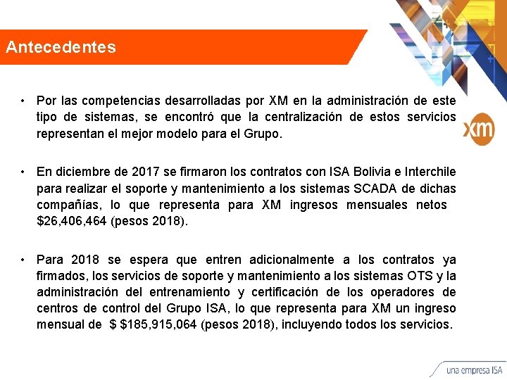 Antecedentes • Por las competencias desarrolladas por XM en la administración de este tipo