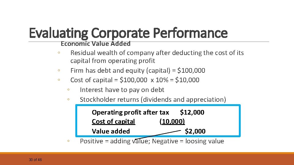 Evaluating Corporate Performance Economic Value Added ◦ Residual wealth of company after deducting the