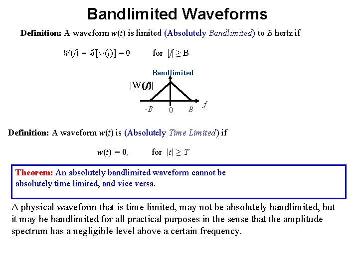 Bandlimited Waveforms Definition: A waveform w(t) is limited (Absolutely Bandlimited) to B hertz if