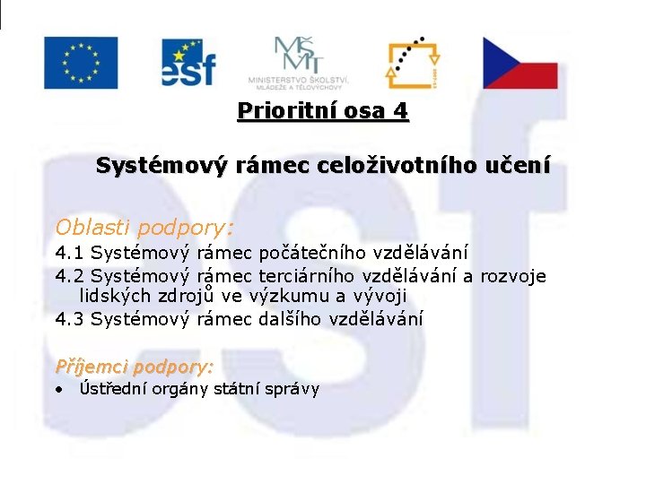 Prioritní osa 4 Systémový rámec celoživotního učení Oblasti podpory: 4. 1 Systémový rámec počátečního