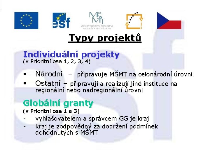 Typy projektů Individuální projekty (v Prioritní ose 1, 2, 3, 4) § § Národní