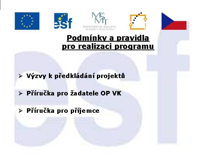 Podmínky a pravidla pro realizaci programu Ø Výzvy k předkládání projektů Ø Příručka pro