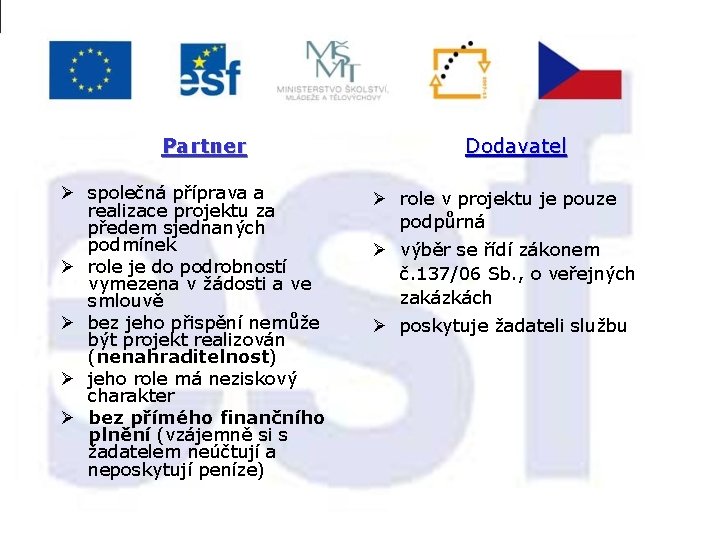 Partner Ø společná příprava a realizace projektu za předem sjednaných podmínek Ø role je