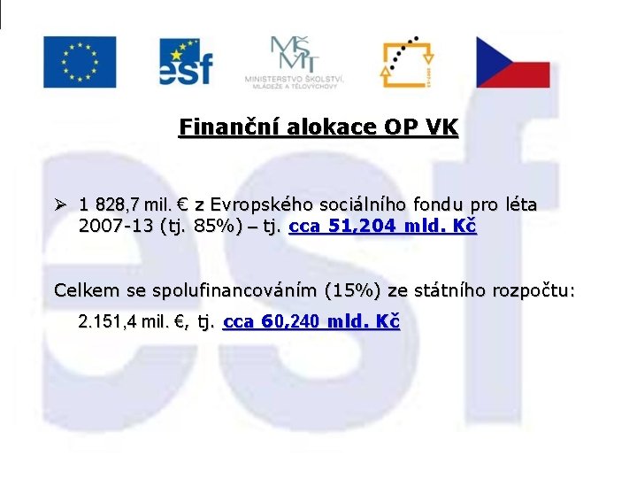 Finanční alokace OP VK Ø 1 828, 7 mil. € z Evropského sociálního fondu