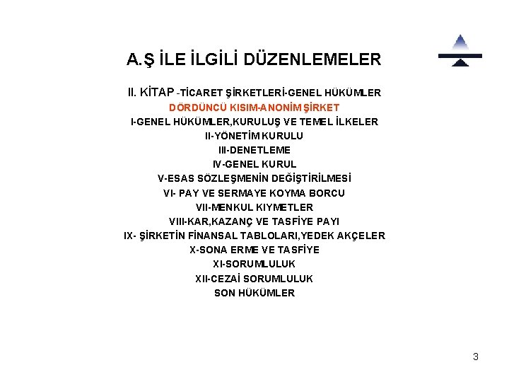 A. Ş İLE İLGİLİ DÜZENLEMELER II. KİTAP -TİCARET ŞİRKETLERİ-GENEL HÜKÜMLER DÖRDÜNCÜ KISIM-ANONİM ŞİRKET I-GENEL