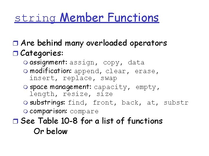 string Member Functions r Are behind many overloaded operators r Categories: m assignment: assign,