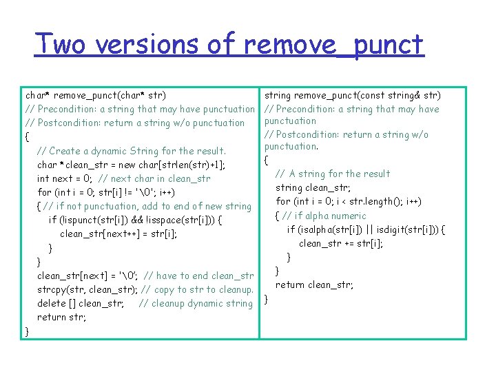 Two versions of remove_punct char* remove_punct(char* str) // Precondition: a string that may have