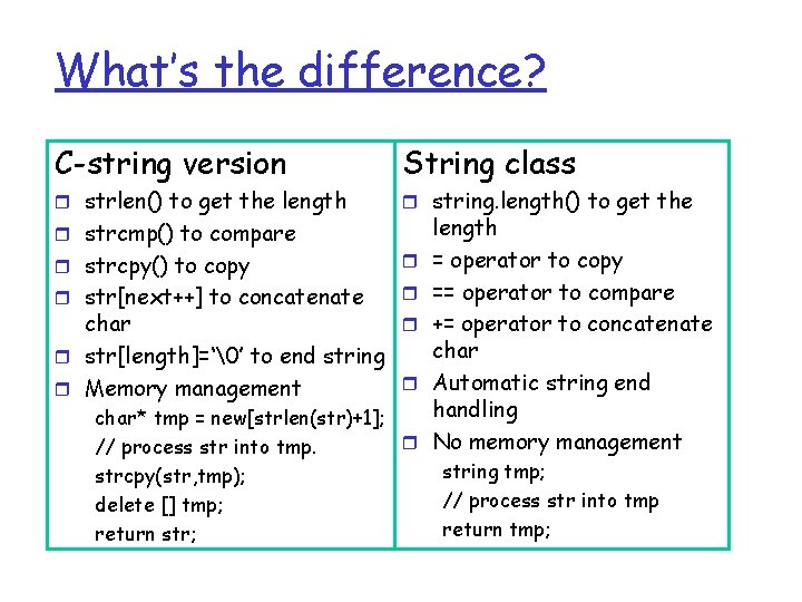 What’s the difference? C-string version String class r strlen() to get the length r