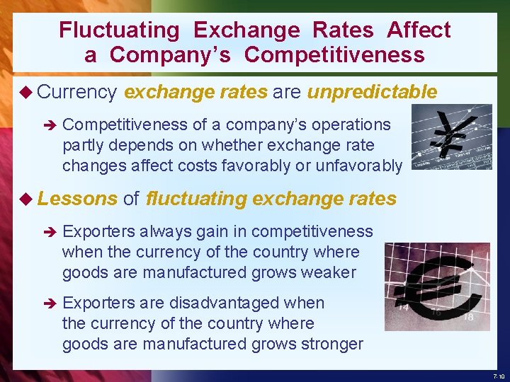 Fluctuating Exchange Rates Affect a Company’s Competitiveness u Currency exchange rates are unpredictable è