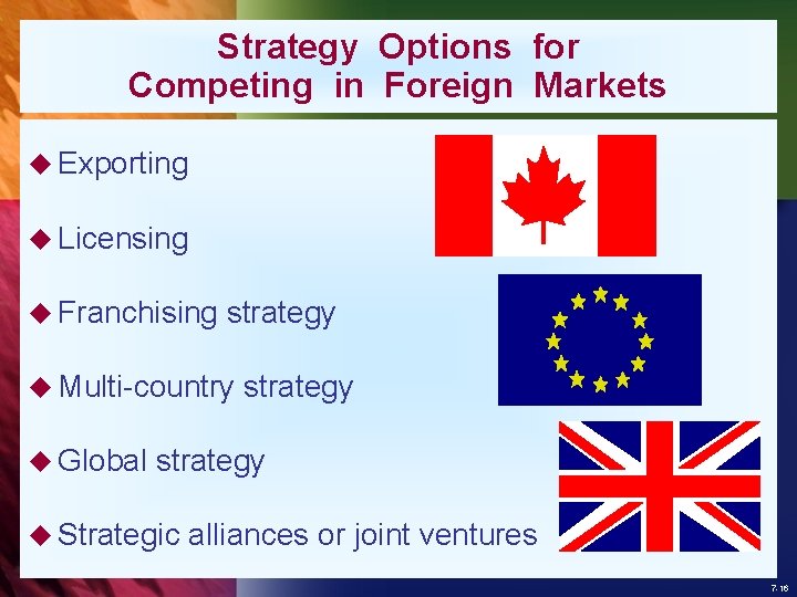 Strategy Options for Competing in Foreign Markets u Exporting u Licensing u Franchising strategy