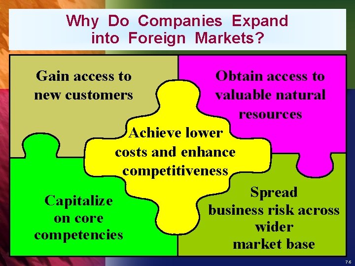 Why Do Companies Expand into Foreign Markets? Gain access to new customers Obtain access