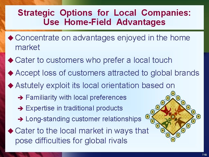 Strategic Options for Local Companies: Use Home-Field Advantages u Concentrate on advantages enjoyed in
