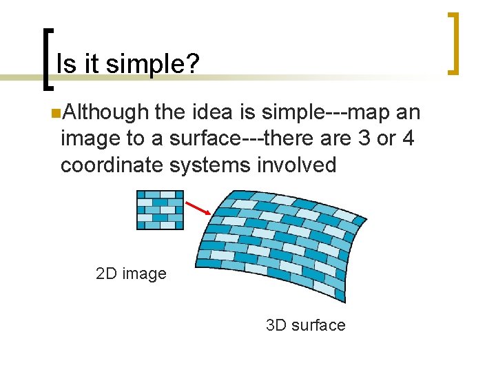 Is it simple? n. Although the idea is simple---map an image to a surface---there