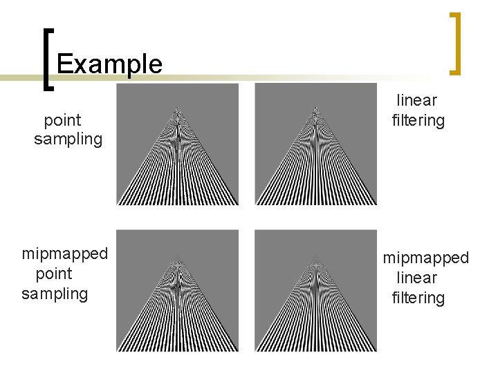 Example point sampling mipmapped point sampling linear filtering mipmapped linear filtering 
