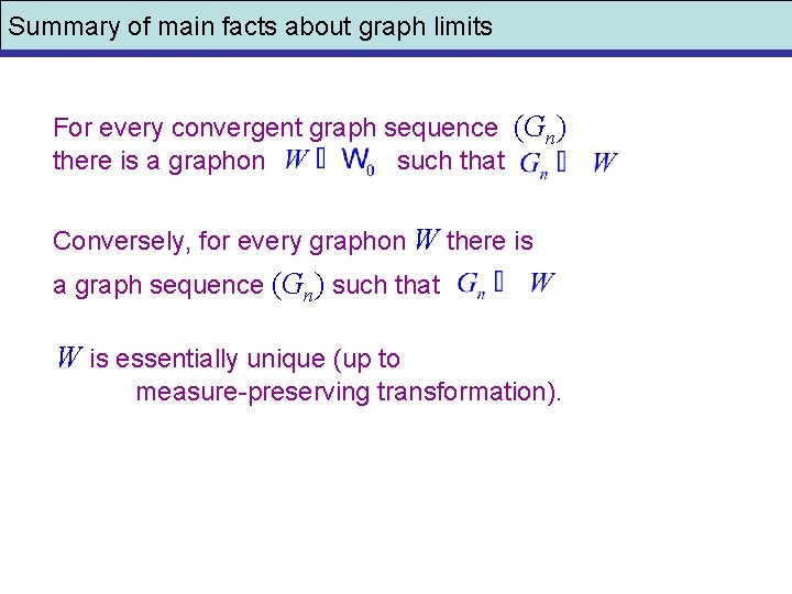 Summary of main facts about graph limits For every convergent graph sequence (Gn) there