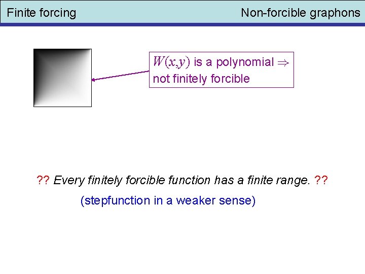 Finite forcing Non-forcible graphons W(x, y) is a polynomial not finitely forcible ? ?