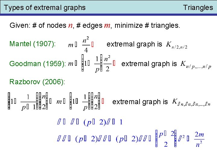 Types of extremal graphs Triangles Given: # of nodes n, # edges m, minimize