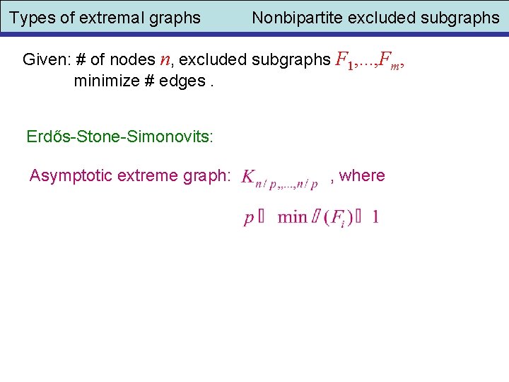 Types of extremal graphs Nonbipartite excluded subgraphs Given: # of nodes n, excluded subgraphs