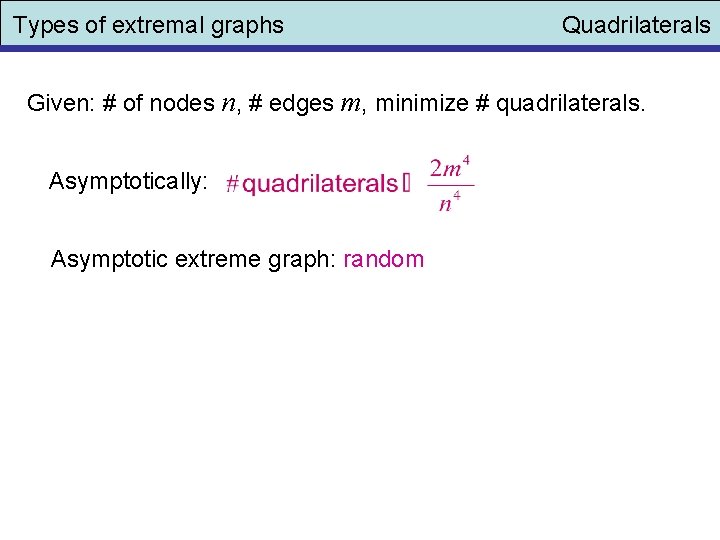 Types of extremal graphs Quadrilaterals Given: # of nodes n, # edges m, minimize