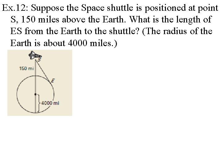 Ex. 12: Suppose the Space shuttle is positioned at point S, 150 miles above