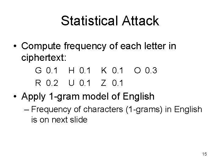 Statistical Attack • Compute frequency of each letter in ciphertext: G 0. 1 R