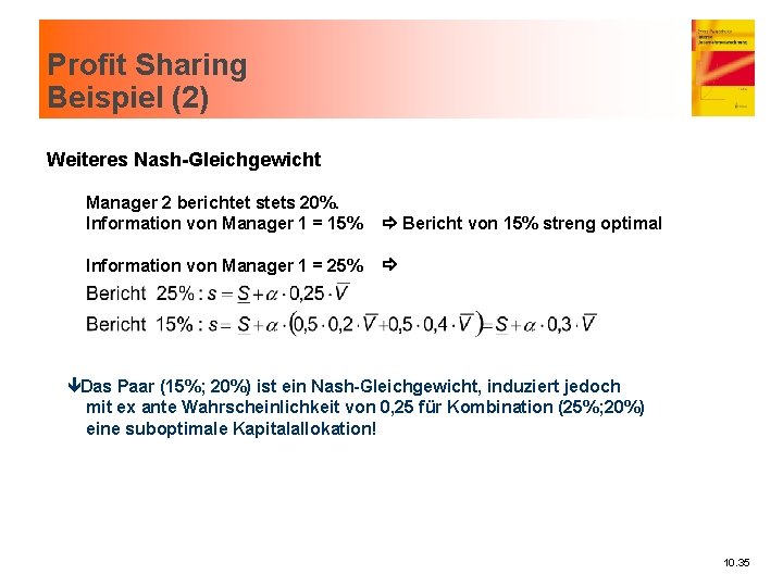 Profit Sharing Beispiel (2) Weiteres Nash-Gleichgewicht Manager 2 berichtet stets 20%. Information von Manager