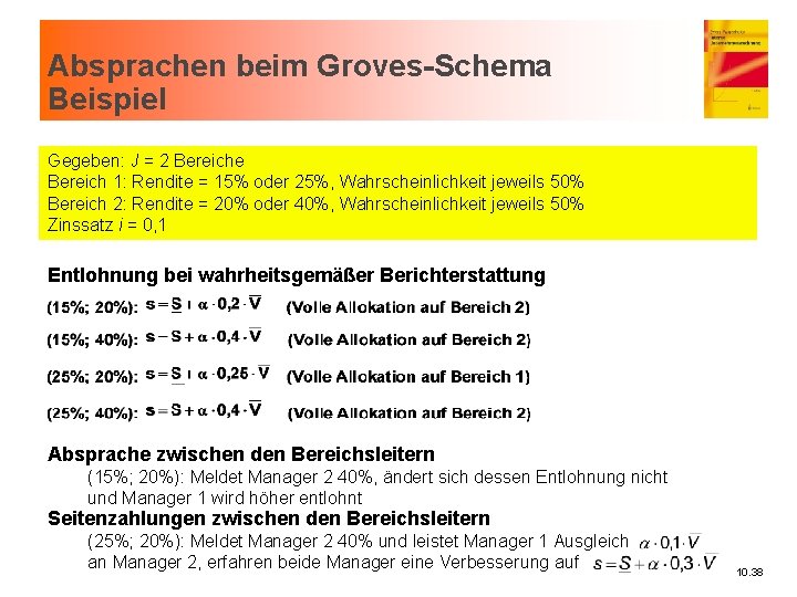 Absprachen beim Groves-Schema Beispiel Gegeben: J = 2 Bereiche Bereich 1: Rendite = 15%