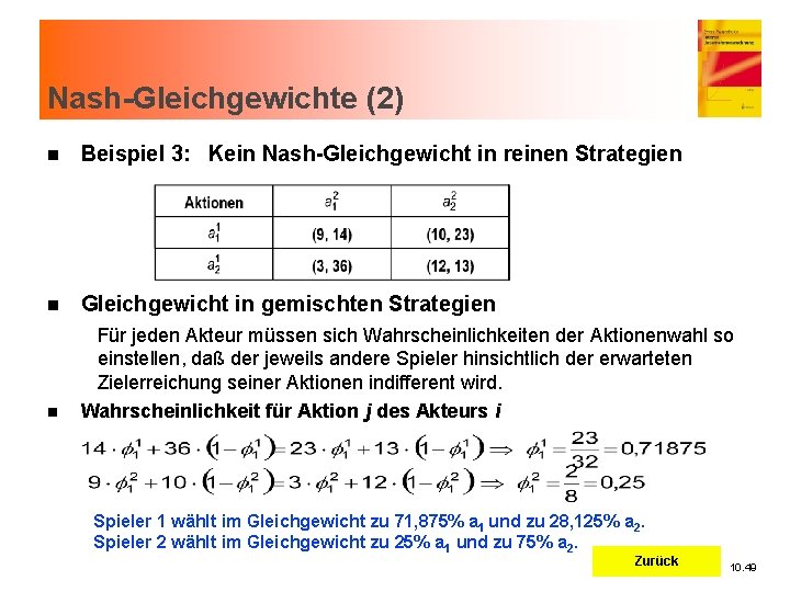 Nash-Gleichgewichte (2) n Beispiel 3: Kein Nash-Gleichgewicht in reinen Strategien n Gleichgewicht in gemischten