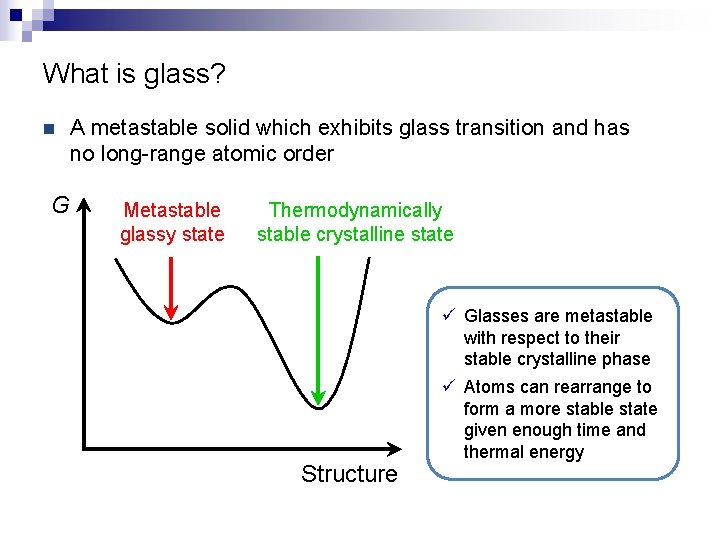 What is glass? n G A metastable solid which exhibits glass transition and has