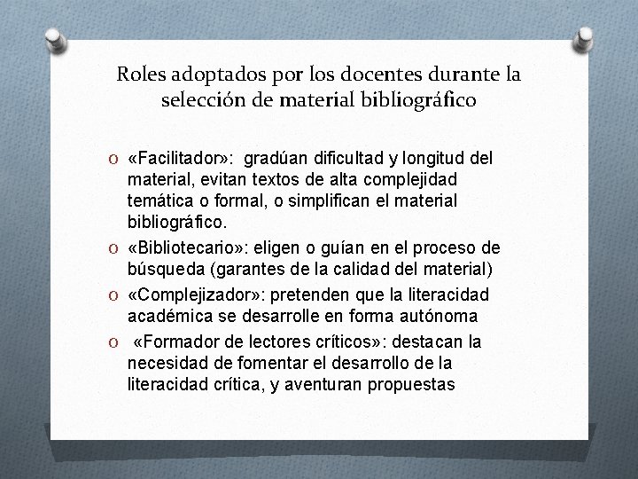 Roles adoptados por los docentes durante la selección de material bibliográfico O «Facilitador» :