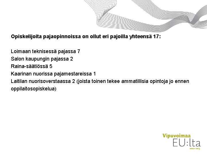 Opiskelijoita pajaopinnoissa on ollut eri pajoilla yhteensä 17: Loimaan teknisessä pajassa 7 Salon kaupungin