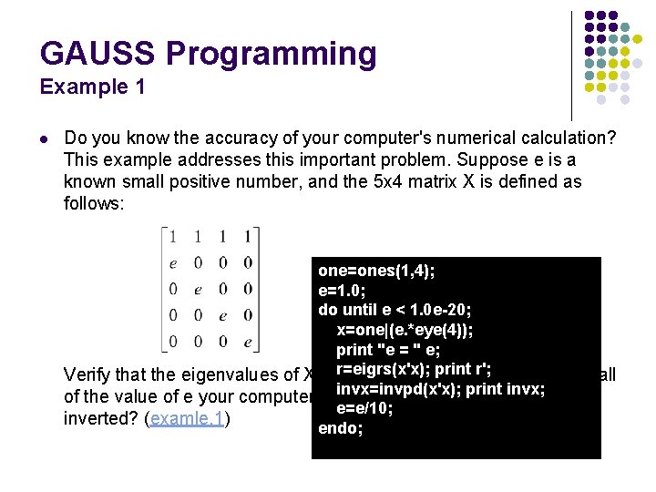 GAUSS Programming Example 1 l Do you know the accuracy of your computer's numerical
