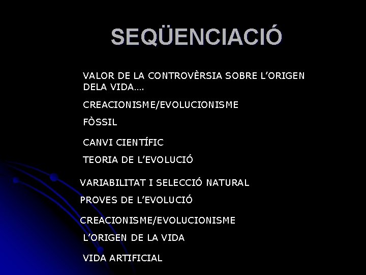 SEQÜENCIACIÓ VALOR DE LA CONTROVÈRSIA SOBRE L’ORIGEN DELA VIDA…. CREACIONISME/EVOLUCIONISME FÒSSIL CANVI CIENTÍFIC TEORIA