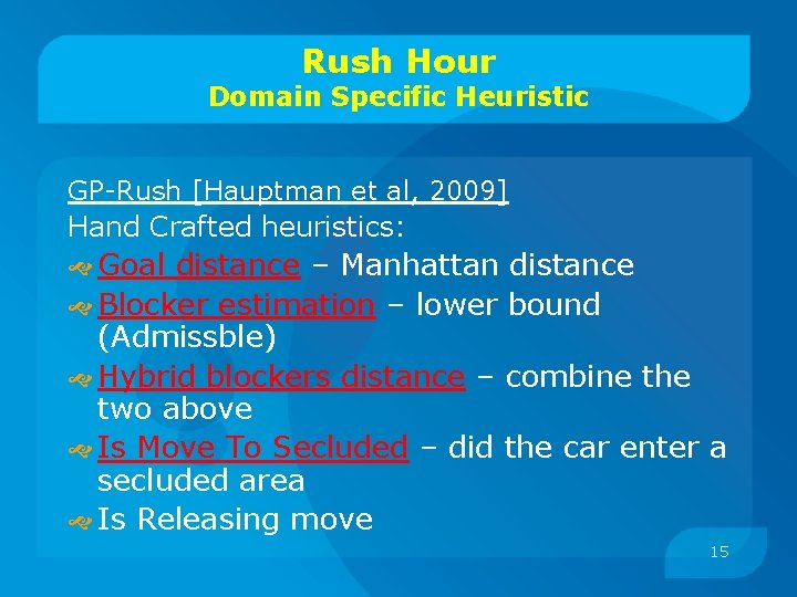 Rush Hour Domain Specific Heuristic GP-Rush [Hauptman et al, 2009] Hand Crafted heuristics: Goal