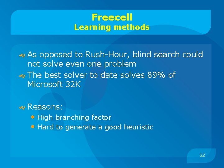 Freecell Learning methods As opposed to Rush-Hour, blind search could not solve even one