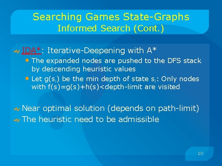 Searching Games State-Graphs Informed Search (Cont. ) IDA*: Iterative-Deepening with A* • The expanded