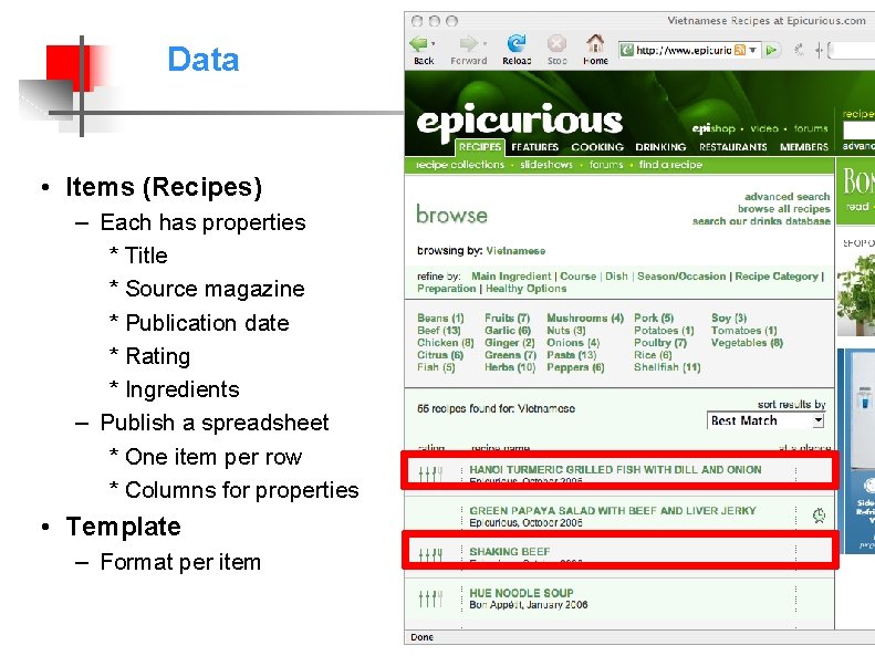 Data • Items (Recipes) – Each has properties * Title * Source magazine *